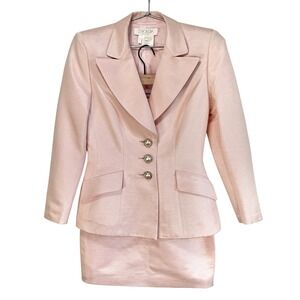 Escada Couture Pink Silk Cotton Skirt Suit Set Size 34 Pearl Rhinestone Buttons